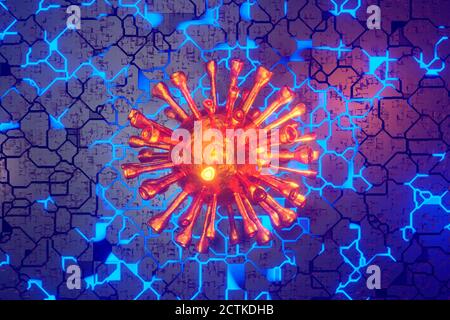 Rendering tridimensionale della cella del virus su una scheda di circuito incandescente Foto Stock