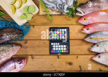 Pesce fresco caraibico su vecchio tavolo di legno. Vista dall'alto. Primo piano. Foto Stock