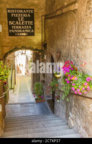 Todi, Umbria, Italia. Scalinata stretta in pietra a Todi su una collina con un cartello che indica un pizzeria con terrazza panoramica. Foto Stock