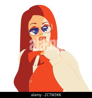 Ritratto di una ragazza in occhiali da sole con aereo riflettente e cielo blu. Illustrazione Vettoriale