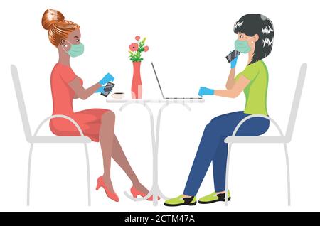 Freelance, studenti o donne d'affari in maschera seduti su una sedia e lavorando su un computer portatile in un bar o da casa. Illustrazione Vettoriale