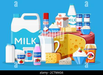 Set di prodotti lattiero-caseari. Raccolta di alimenti per latte. Latte, formaggio, yogurt, burro, panna acida, casetta, panna e cagliata. Prodotti agricoli tradizionali isolati su blu. Illustrazione vettoriale in stile piatto Illustrazione Vettoriale