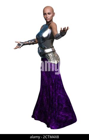 POC Medieval Fantasy Warrior Woman con spada su sfondo bianco isolato, illustrazione 3D, rendering 3D Foto Stock