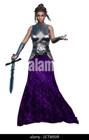 POC Medieval Fantasy Warrior Woman con spada su sfondo bianco isolato, illustrazione 3D, rendering 3D Foto Stock