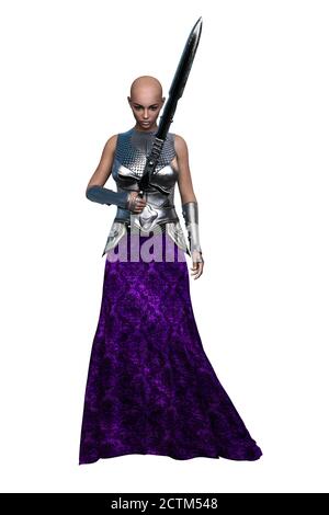 POC Medieval Fantasy Warrior Woman con spada su sfondo bianco isolato, illustrazione 3D, rendering 3D Foto Stock