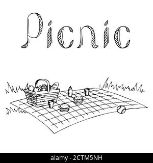 Picnic grafica arte in bianco nero illustrazione vettore Illustrazione Vettoriale