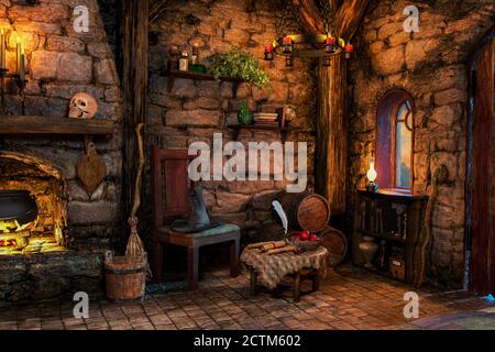 Fantasy Witch Cottage interno, illustrazione 3D, rendering 3D Foto Stock