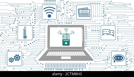 Concetto di altoparlante intelligente con icone integrate nel circuito Foto Stock