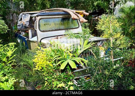 Vista ravvicinata di una vecchia jeep in stile auto abbandonata lungo la strada pubblica, circondata da piante ornamentali a San Vincente, Palawan, Filippine, Asia Foto Stock