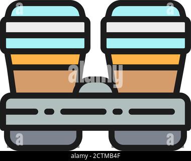 Caffè in tazze di cartone, icona della linea di colore piatto da asporto. Illustrazione Vettoriale