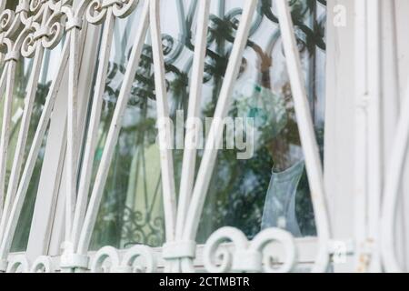 Quarantena di coronavirus. Uomo anziano che indossa una maschera protettiva dietro il finestrino rimani a casa per evitare il contagio da COVID-19 - responsabilità e. Foto Stock