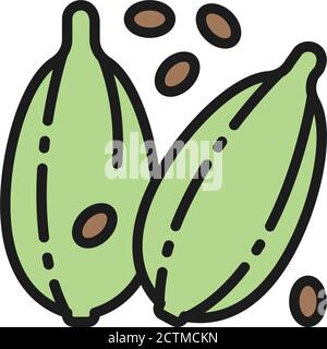 Cardamomo, icona della linea di colore piatto delle spezie. Isolato su sfondo bianco Illustrazione Vettoriale