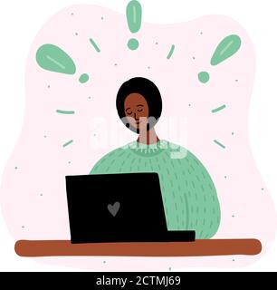 Vettore cartoon illustrazione di donna nera africana blogging in internet, imparare o la comunicazione. Un punto esclamativo intorno a lei. E-learning, remoto Illustrazione Vettoriale