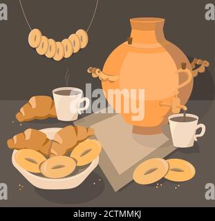 Prodotti da forno disegnati a mano. È stile di vita. Immagine realizzata in stile piatto. E' la prima colazione al mattino. C'è caffè con croissant. Illustrazione Vettoriale