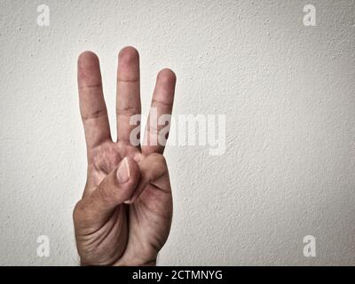 palma bianca dell'uomo, palma estensibile, mano su sfondo bianco, parte del corpo, parte della mano, pelle bianca, tre dita, mostrano il numero, in th Foto Stock