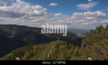 Splendida vista sulla collina Foresta Nera e sulla valle di Gutach da Rappenfelsen vicino a Hornberg, Baden-Wuerttemberg, Germania con turbine eoliche. Foto Stock