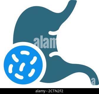 Stomaco con icona di colore batterico. Organo interno malato, Helicobacter pylori, diarrea, Escherichia coli, simbolo di salmonella Illustrazione Vettoriale