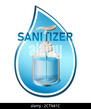 Simbolo vettoriale dell'igienizzatore per le mani. Disinfettante antibatterico alcol per la pelle che distrugge germi e virus, protezione da Covid-19.gel bottiglia in goccia Illustrazione Vettoriale