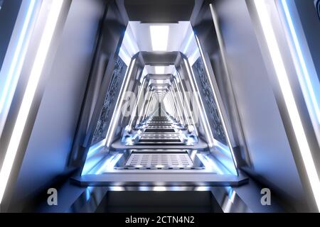 Illustrazione 3D di una nave spaziale aliena o di un corridoio di stazione spaziale. Foto Stock
