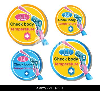 Set di icone vettoriali per il controllo della temperatura corporea. Termometro laser a infrarossi senza contatto. Adesivi con notifica di necessità di controllo medico, febbre scansione. Illustrazione Vettoriale