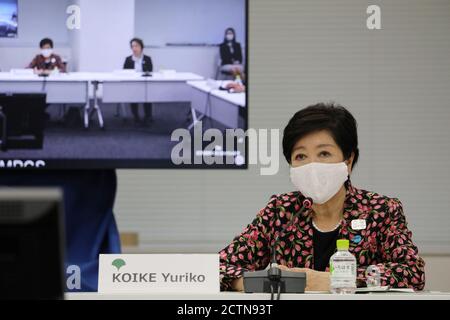 Tokyo, Giappone. 24 Settembre 2020. Il Governatore di Tokyo Yuriko Koike parla durante il video meeting della X Commissione di coordinamento del Comitato Olimpico Internazionale (CIO) per i Giochi della XXXII Olympiade - Tokyo 2020 a Tokyo, Giappone, 24 settembre 2020. Credit: Du Xiaoyi/Xinhua/Alamy Live News Foto Stock