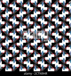 Vettoriale motivo senza giunture sfondo con forme geometriche, colorate in nero, grigio scuro, rosso, blu e bianco. Illustrazione Vettoriale