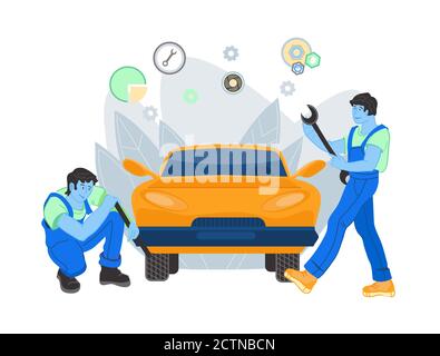 Riparatori di automobile che fissa l'automobile di servizio, illustrazione piatta del vettore isolata. Illustrazione Vettoriale