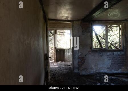 Guardando attraverso la porta di una decadente vecchia casa in rovina in campagna. Foto Stock