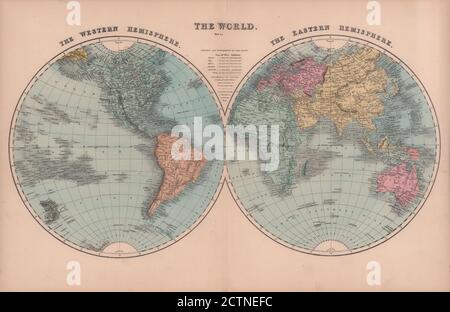 Il mondo in emisferi gemelli. HUGHES 1876 vecchia mappa vintage mappa mappa mappa Foto Stock