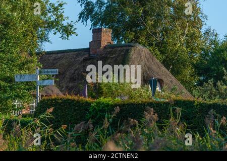 Casa colonica di paglia a Bottschlotter See o Lago Bottschlott, comunità Dagebüll, Frisia del Nord, Stato federale Schleswig-Holstein, Germania del Nord, Europa Foto Stock