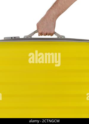 Mano con valigia isolata su bianco Foto Stock