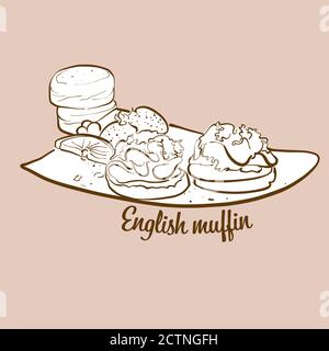 Illustrazione del pane di muffin in inglese disegnato a mano. Pane di lievito, di solito conosciuto nel Regno Unito. Serie di disegni vettoriali. Illustrazione Vettoriale