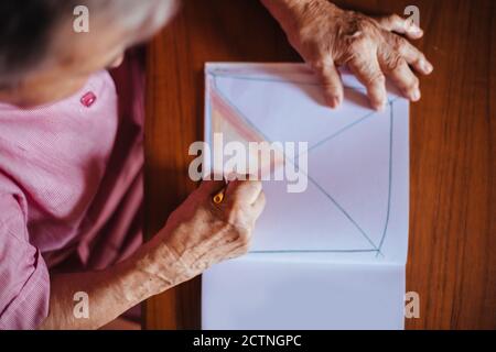 Vista dall'alto di una donna anziana con problemi di salute mentale di Alzheimer dipingere su un notebook all'interno della sua casa Foto Stock