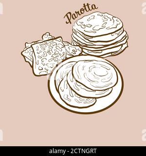 Illustrazione del pane di Parotta disegnato a mano. Pane piatto, di solito conosciuto in India. Serie di disegni vettoriali. Illustrazione Vettoriale