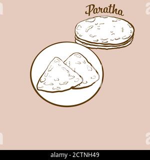 Illustrazione del pane di Paratha disegnato a mano. Pane piatto, di solito conosciuto in India, Pakistan. Serie di disegni vettoriali. Illustrazione Vettoriale