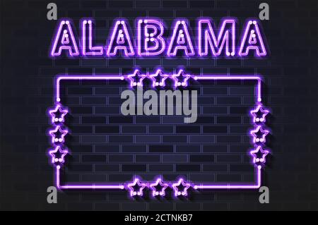 Alabama Stati Uniti incandescente viola al neon lettere e starred cornice su un muro di mattoni neri Illustrazione Vettoriale
