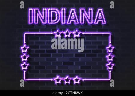 Indiana Stati Uniti incandescente viola al neon lettere e starred cornice su un muro di mattoni neri Illustrazione Vettoriale