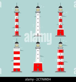 Set di cartoon fari. Torri faro per la navigazione marittima di orientamento Illustrazione Vettoriale
