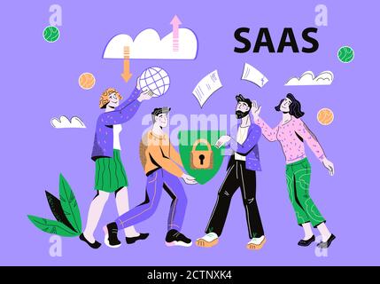 SaaS Software as Service o concetto on-demand con illustrazione vettoriale delle persone. Illustrazione Vettoriale