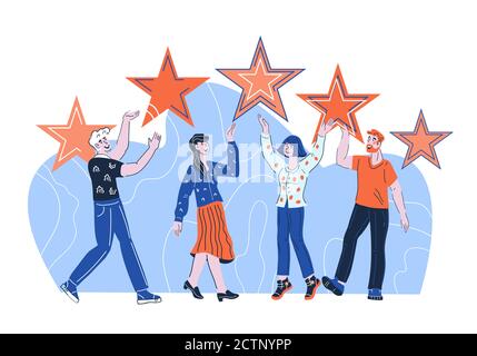 Feedback dei clienti a cinque stelle con i clienti che forniscono un vettore di valutazione della soddisfazione. Illustrazione Vettoriale