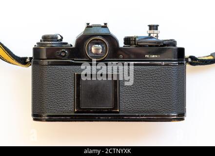 Retro del corpo della fotocamera reflex Nikon FE. Foto Stock