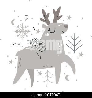 Carta di Natale con un carino personaggio renna Illustrazione Vettoriale