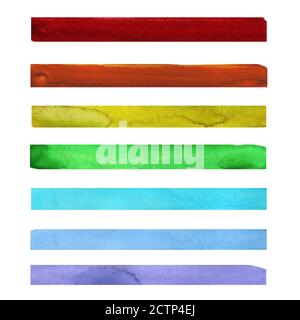 Sette tratti di vernice acquerello di colore arcobaleno sopra lo sfondo bianco Foto Stock