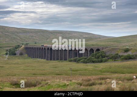 Il treno 'The Staycation Express' che attraversa il viadotto Ribblehead sulla Scenico stabilirsi alla linea ferroviaria Carlisle trainato da una classe 47 locomotiva Foto Stock