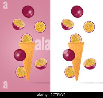 coni gelato con ingredienti che cadono in movimento Foto Stock