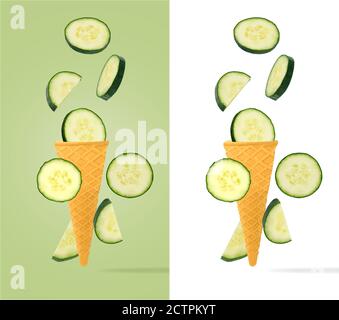 coni gelato con ingredienti che cadono in movimento Foto Stock