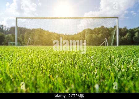 Focus su erba verde di un campo di calcio con obiettivo sfocato in background. Foto Stock