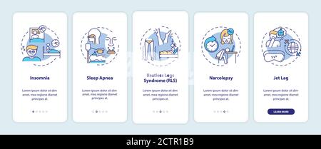 Disturbi del sonno tipi di onboarding mobile app page schermo con concetti Illustrazione Vettoriale