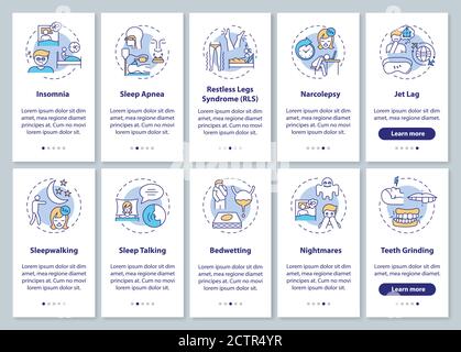 Disturbi del sonno onboarding pagina app mobile con set di concetti Illustrazione Vettoriale