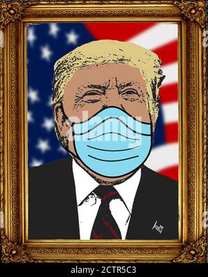 Disegno di Donald Trump che indossa una maschera, illustrazione del presidente in una cornice lussuosa, ritratto ufficiale del vincitore degli elettori presidenziali Foto Stock